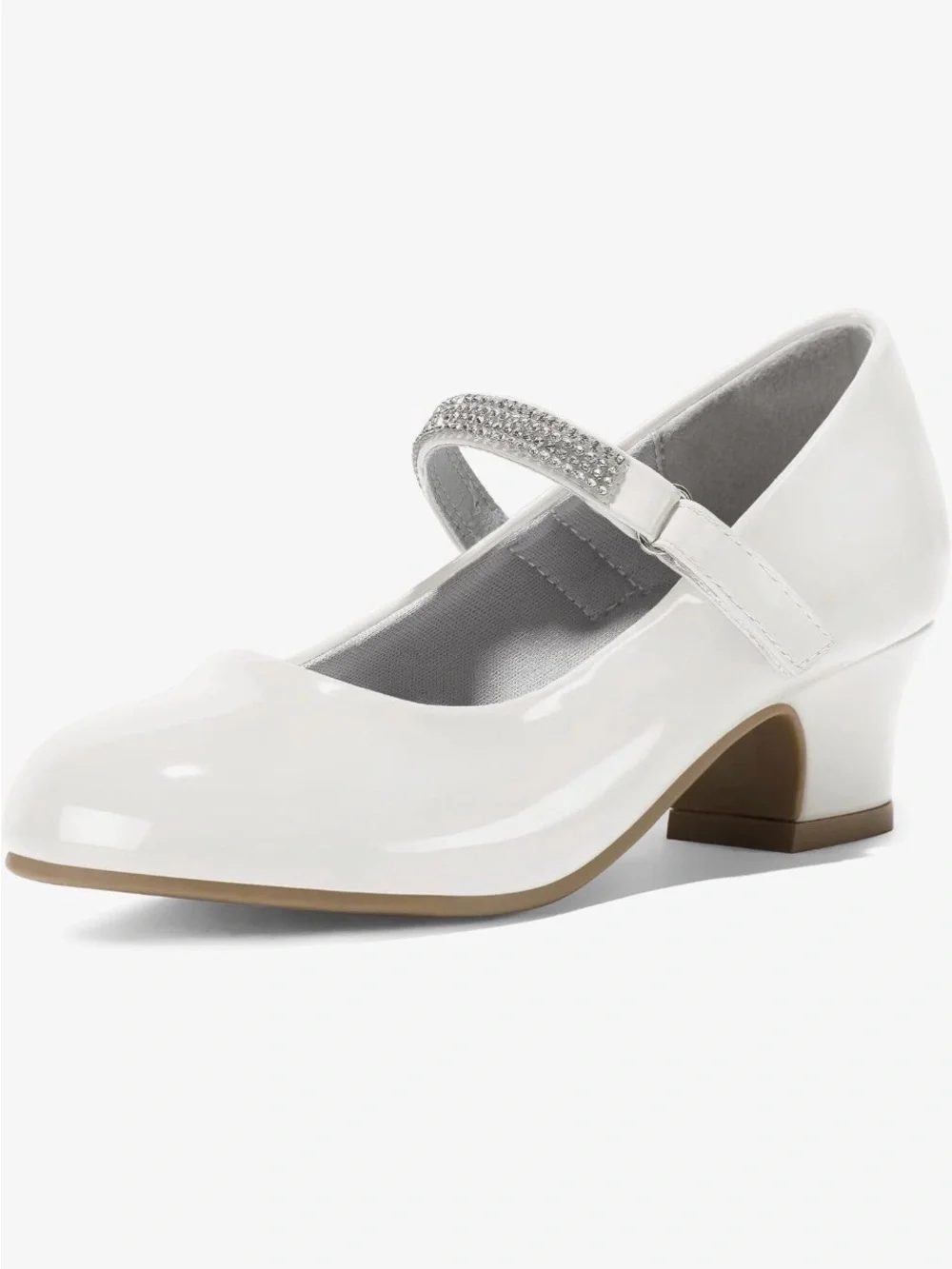 Girls' White Patent Mary Jane Dress Heels with Rhinestone Strap